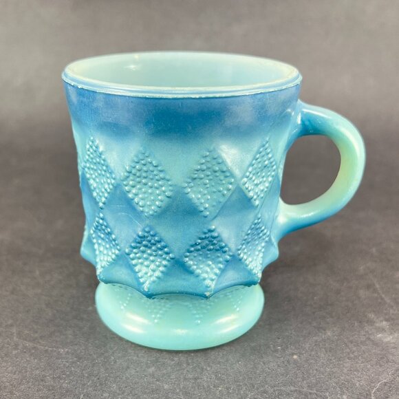 Vtg Anchor Hocking Fire King Kimberly Blue Glass Coffee Mug Diamond USA Retro - Picture 6 of 16